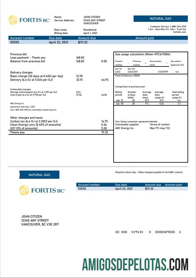 Para baixar modelo de conta de serviços públicos FortisBC da Colúmbia Britânica do Canadá em formato Word e PDF